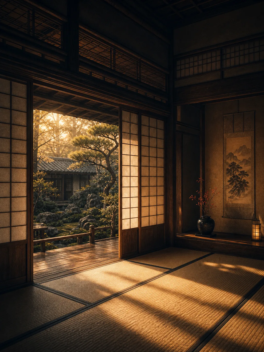 Intérieur japonais traditionnel : tatami, shoji et lumière douce