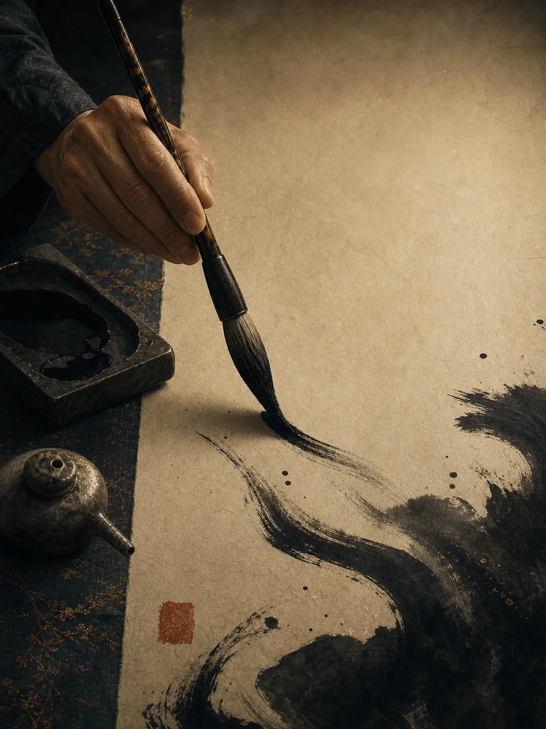 Pinceau de calligraphie traçant un caractère à l'encre