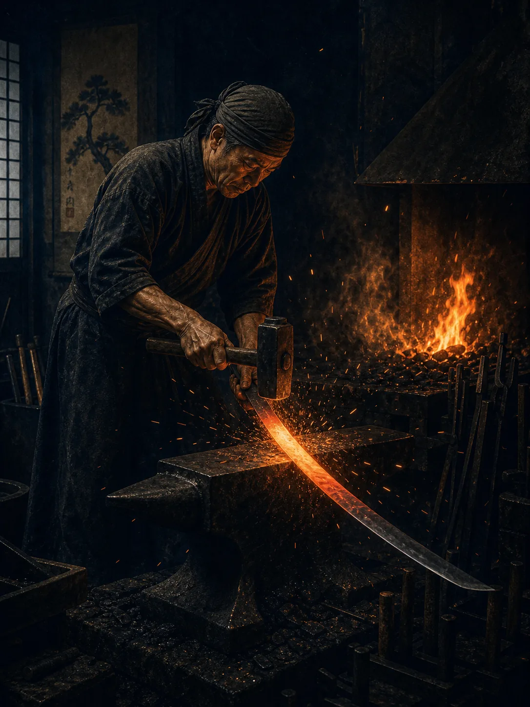 Forgeron japonais martelant une lame incandescente