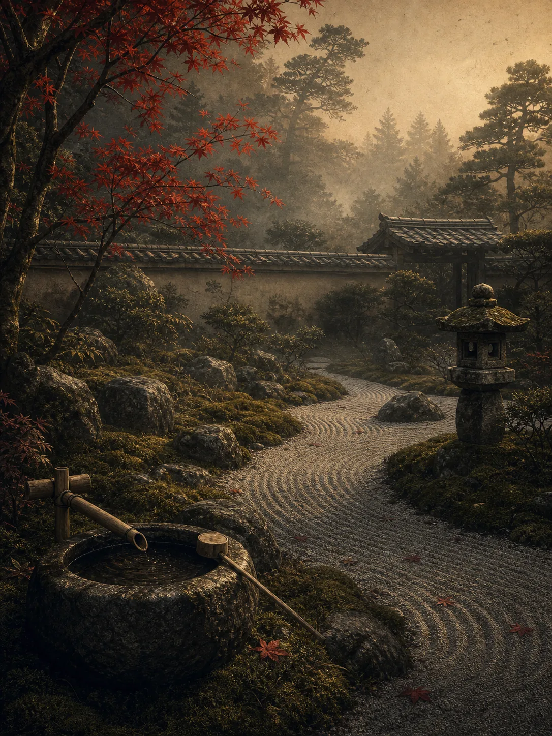 Jardin japonais : pierres, mousse et sable ratissé