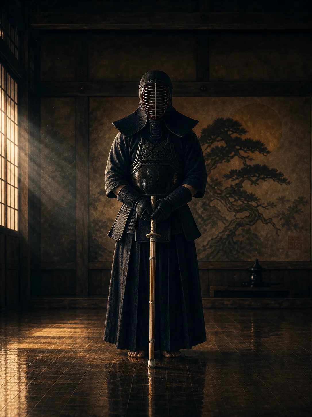 Pratiquant de kendo en armure, le shinai en garde