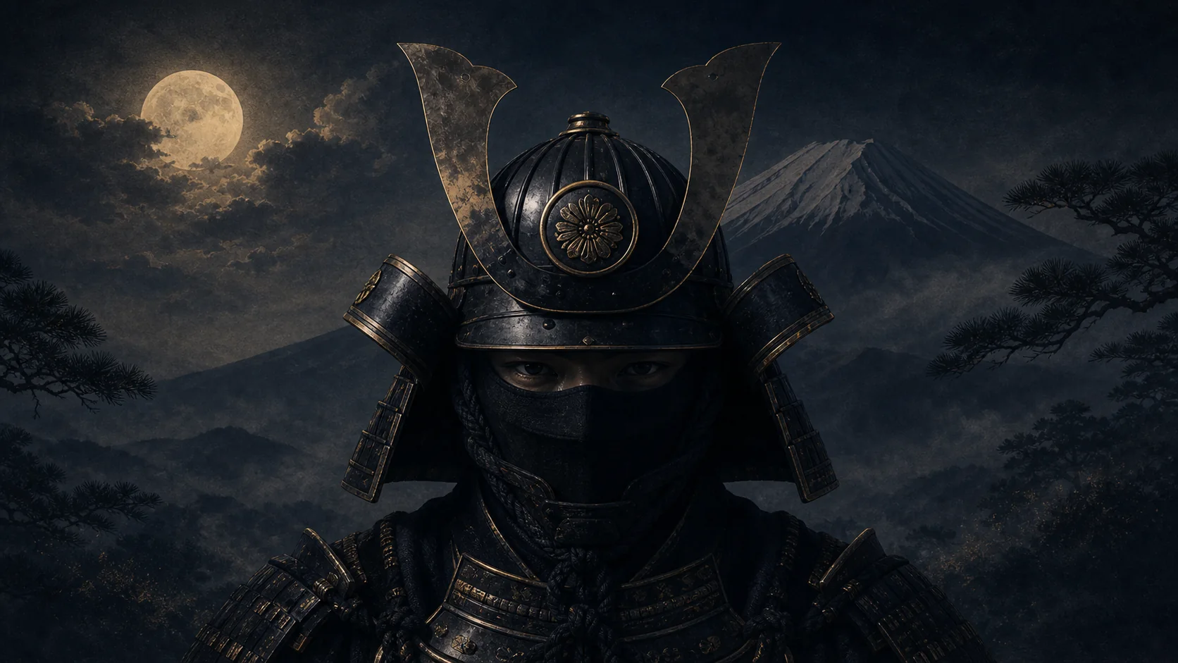 Samouraï en armure et casque kabuto sous la pleine lune, le mont Fuji en arrière-plan