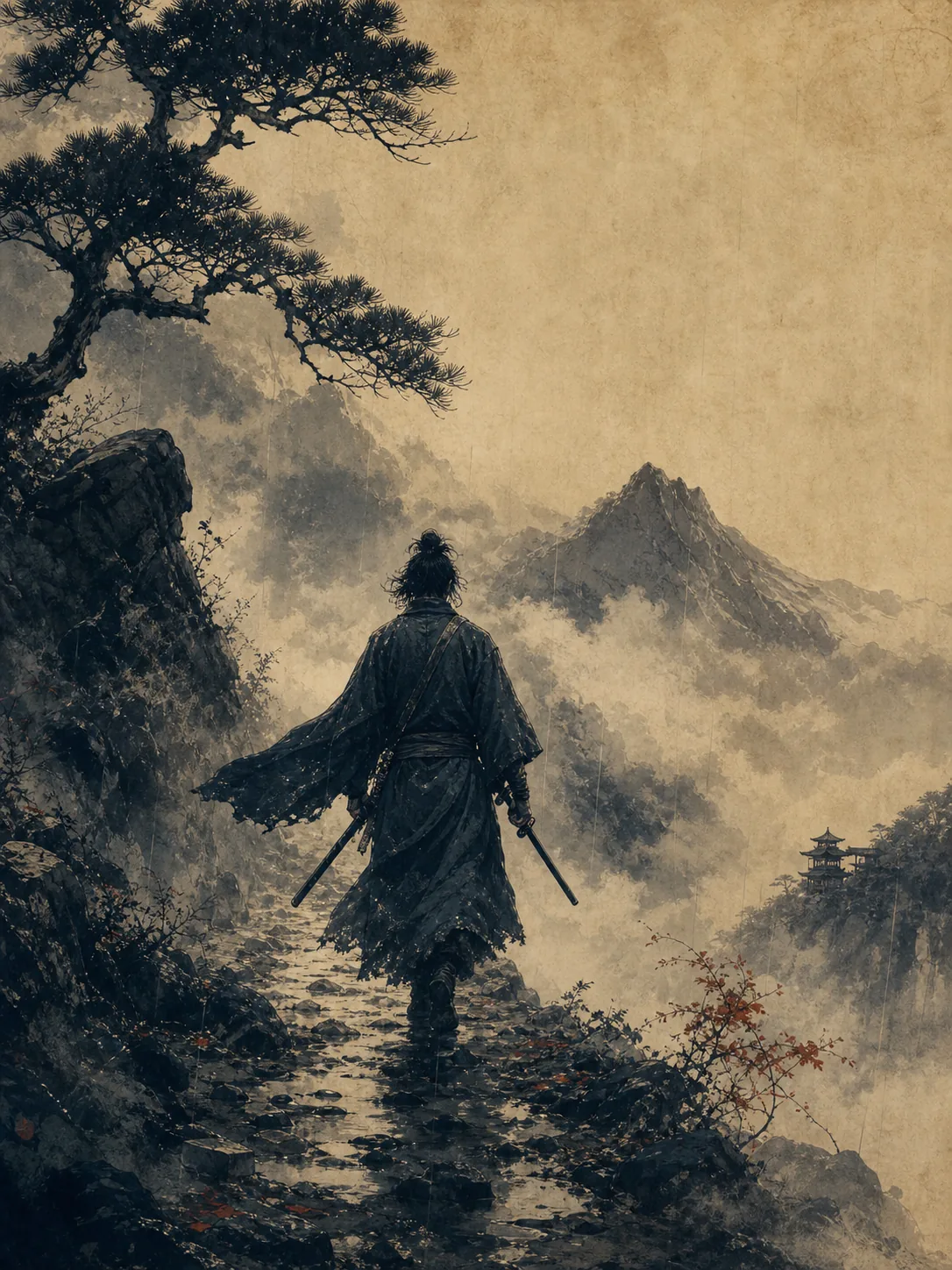Silhouette d'un sabreur solitaire sous la lune, évoquant Musashi